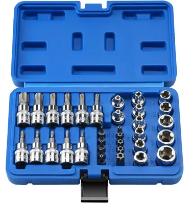 Immagine prodotto di Elzusha - Set di punte Torx da 34 pezzi - Set di chiavi a bussola E-Torx - Punte a vite Torx da T10 a T60 - Attacco da 3/8 di pollice - Ideale per riparazioni auto - Utensile pratico - Set di chiavi a bussola