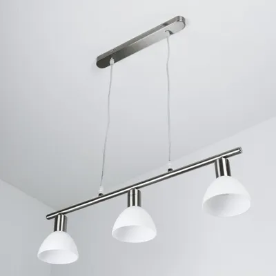 A modern pendant light fixture with three white glass shades hanging from a silver bar, suspended from a white ceiling.