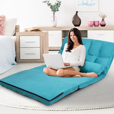 Produktbild von Costway Schlafsofa Bodensofa, Blau, 180 x 113 x 10 cm (L x B x H), für Wohnzimmer, Schlafzimmer & Balkon, aus Stahl, Schwamm & Kunstwildleder, gemütlich & freistehend
