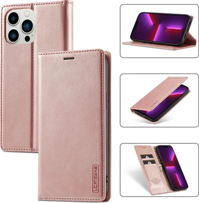 Immagine prodotto di custodia in pelle per iPhone 13 Pro Max con funzione stand e portacarte, custodia con design a portafoglio per iPhone 13 Pro Max rosa