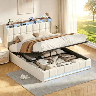 Produktbild von INONEFT Boxspringbetten 160x200 mit LED und USB/C, Polsterbett mit hydraulischem Stauraum und Lattenrost,Doppelbett Bettgestell,Leinen, Beige