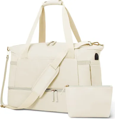Produktbild von Sporttasche,Turnbeutel für Damen, Sport Reise Seesack mit USB Ladeanschluss, Weekender Übernachtungstasche mit Nassfach und Schuhfach Reisen beige