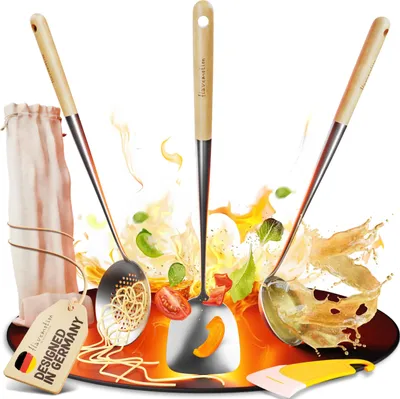 Produktbild von FLAVEMOTION Wok-Pfannenwender, Schöpflöffel und Schaumlöffel aus hochwertigem Edelstahl mit Massivholz Griff- Wok Besteck Spülmaschinenfest