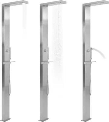Three images of a stainless steel outdoor shower, showing different water flow options.