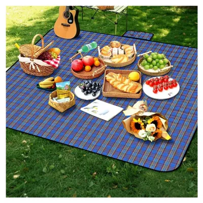 Produktbild von Picknickdecke, 200 x 200 cm, wasserdicht, tragbar und faltbar, große Strandmatte, waschbar für 3-4 Personen, geeignet für Outdoor, Camping, Strand, Park, Picknick (Blaue Streifen)