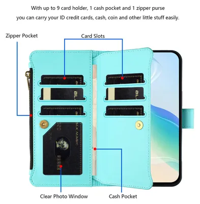 Immagine prodotto di Custodia per Xiaomi Redmi Note 15 Pro, con cerniera, portafoglio in Finto cuoio con tasche per carte, supporto e passante per la mano verde menta
