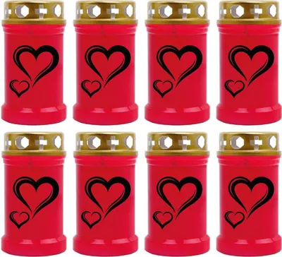 Produktbild von Grabkerze Rot 8er Pack, Brenndauer: 40 Stunden ( je Kerze ), Motiv: Herz