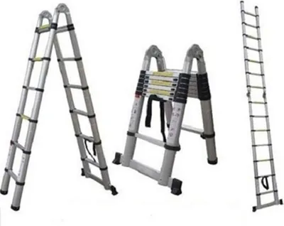 Three different configurations of an aluminum telescopic ladder are displayed against a white background.