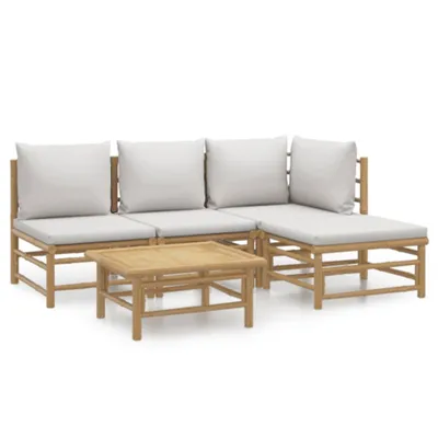Produktbild von vidaXL 5-tlg. Garten-Lounge-Set mit Hellgrauen Kissen Bambus