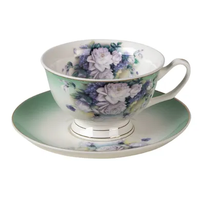Produktbild von Clayre & Eef Tasse mit Untertasse 200 ml Grün Weiß Porzellan Blumen