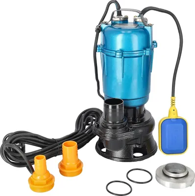A submersible pump with accessories, photographed against a white background.