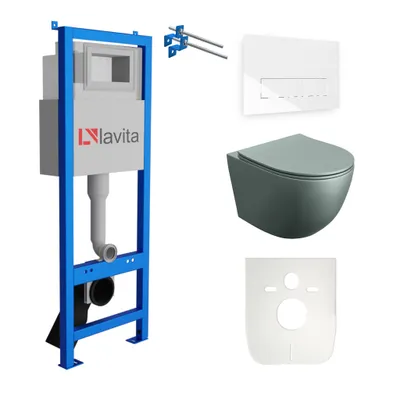 Produktbild von Lavita LAV 101 Vorwandelement für WC 40cm + Wand Hänge Tiefspül WC SINTO Grau Spülrandlos + Bedienplatte LAV 200.3.1 Weiß | Komplettset | Unterputz Spülkasten | Toilette Komplett Sett