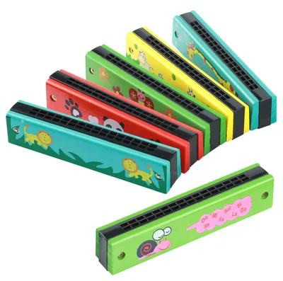 Kindermundharmonika 6er-Pack, 16 Löcher, Holz, bunt