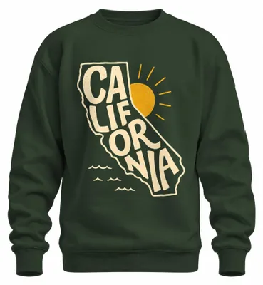 Obrázek produktu pro Mikina s dlouhými rukávy, styl retro/vintage, motiv: Kalifornie, západní pobřeží, slunce, vlny, pláž, USA. Barva: zelená. Velikost: M
