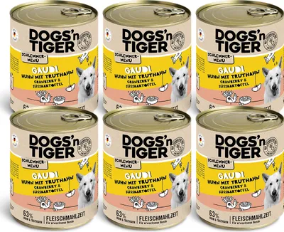 Produktbild von Dogs’n Tiger Adult Hundefutter, Gaudi,  Nassfutter, Getreidefrei, Huhn, Truthahn, Cranberry & Süßkartoffel,  6x 800g