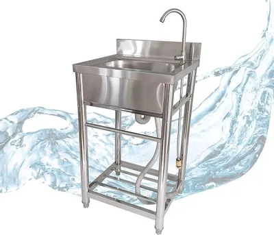 Produktbild von Spültisch freistehend – Edelstahl Spültisch mit Wasserhahn, Gartenschlauch-Anschluss, mobiler Spültisch für Outdoorküche, Gastro und Camping, freistehende Küchenspüle mit Ablage