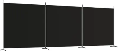 A black three-panel room divider set up against a white background.