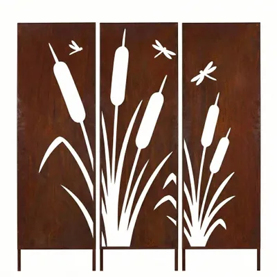 Produktbild von SET Sichtschutz Metall 3x mit Schilf und Libellen - 160 cm x 50 cm - Edelrost - Rostoptik Sichtschutz für Garten - Sichtschutzelement - Sichtschutzwand
