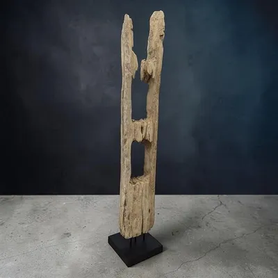 Imagen del producto de Escultura de madera flotante, 150 cm – Decoración artesanal de madera flotante sobre soporte de metal – Gran escultura de madera reciclada de origen natural – Decoración de pie asiática para salón, pasillo o spa