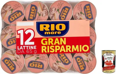 Produktbild von Rio Mare Thunfisch in Olivenöl – Vorratspack 12 × 65 g | Zart & aromatisch | Praktische Portionsdosen | Ideal für Salate, Pasta & Sandwiches | Hergestellt in Italien + Italian Gourmet polpa 400g
