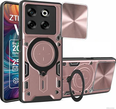 A rose gold phone case with a camera cover and ring holder is displayed against a white background.
