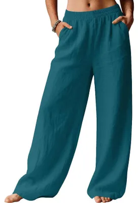 Produktbild von ASKSA Damen Sommer Hose Casual Strandhose Weite Bein Freizeithose Elegant Einfarbig Sommerhose Leichte Leinen Stoffhose mit Taschen (Pfauenblau,M)