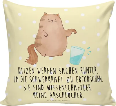 Produktbild von Mr. & Mrs. Panda kissen bedruckt Katze Wasserglas - Gelb Pastell - Geschenk, Polster, Katzen, Deko, Haustier, kuschelkissen 40x40, Cats, Cat, zier, Neugierig, für sofa