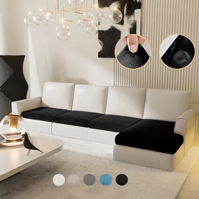 Produktbild von Sofa Überzug Samt für L-förmig Sofa mit 3 Einzelsitz und 1 Chaiselongue, Sofa Bezug mit Gummiband, Sitzkissen Bezug Elastisch Universal Schwarz