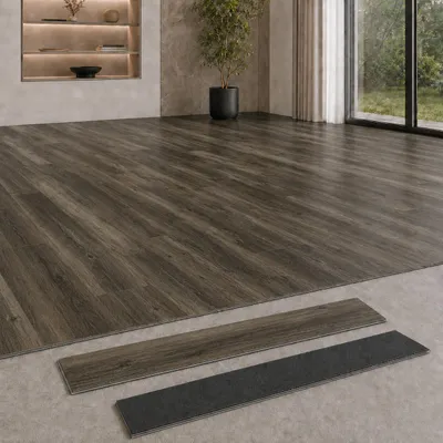 Produktbild von SPC Rigid Vinylboden 5 mm Klick wasserfest mit Trittschalldämmung in Holzoptik für Küche, Bad, Wohnzimmer und Flur, KI-generiertes Bild