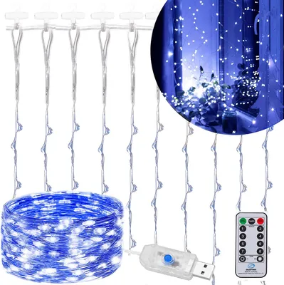 A product image showing a string of blue LED lights, coiled and hanging, with a remote control and USB connector.