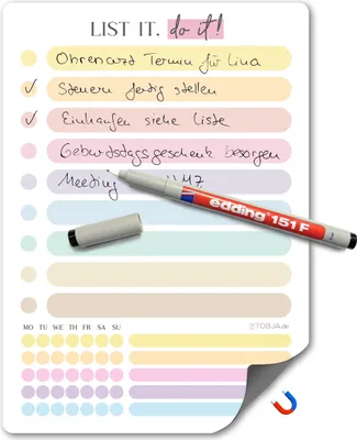 Produktbild von Magnetische To-do Liste A5 bunt inkl. wasserlöslichem Stift – Wochenplaner magnetisch Kühlschrank, Haushaltsplan Familie, Habit-Tracker