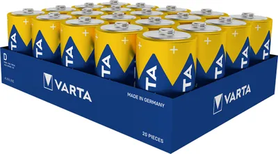 A tray of Varta D batteries is shown in a studio setting against a white background.