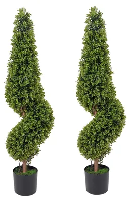 Image de Lot de 2 buissons en buis artificiels en forme de spirale, 90 cm. Arbres décoratifs résistants aux UV, toujours verts, pour jardin, entrée, balcon, intérieur et extérieur