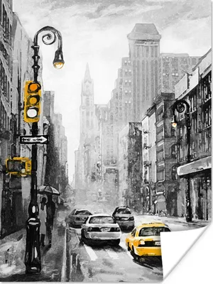 Produktbild von MuchoWow® Poster Gemälde - Ölfarbe - Stadt - Auto 90x120 cm - Wohnzimmer