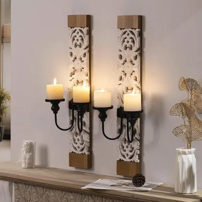 Produktbild von Ibenzoa® Vintage Holz-Wandkerzenhalter (2er-Set) – Wandkerzenhalter zur Wandmontage für Stumpenkerzen & LED, rustikale Wohnraumdekoration