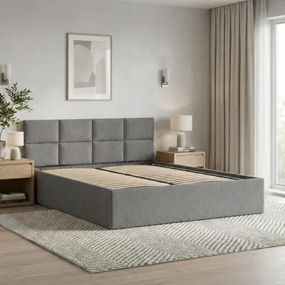 Produktbild von Polsterbett BORGO 160x200 mit Holzlattenrost, Doppelbett ohne Bettkasten, stabiles Bettgestell Dunkelgrau Geflecht