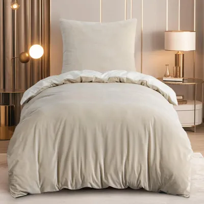 Immagine prodotto di Set di lenzuola 155x220 cm, 2 pezzi, beige e bianco, in flanella e pile, con cerniera e reversibile