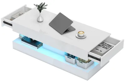 Zdjęcie produktu dla Stolik kawowy z 2 szufladami i oświetleniem LED | Kolor: Biały | Wymiary: 120x50x42 cm