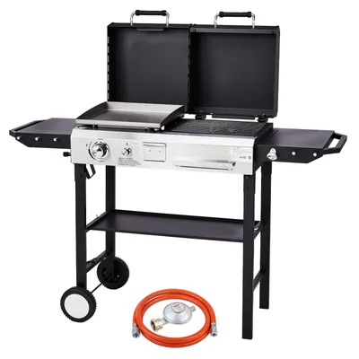 Zdjęcie produktu dla Grill gazowo-węglowy FCH 2 w 1 o mocy 4,5 kW z pokrywą, płytą plancha i rusztem, emaliowany, do ogrodu, czarny