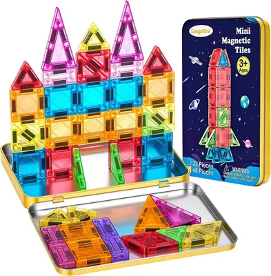 Produktbild von Mini Magnetische Bausteine Reiseset 48-teilig – Magnetische Tiles mit Metallbox für Kinder ab 3 Jahren – Tragbares Magnetspielzeug, STEM/MINT Lernspielzeug für Jungen und Mädchen