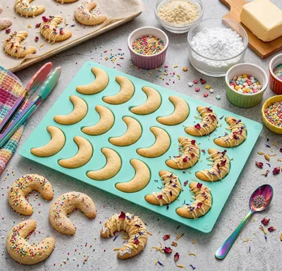 Produktbild von GKA XL Silikon Backform für 18 Vanillekipferl Weihnachten Hörnchen Halbmond 28 cm