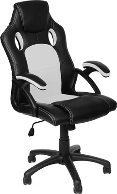 A black and white racing-style office chair is shown against a white background.