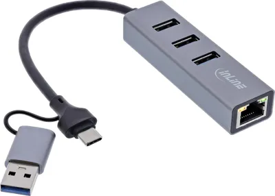 Produktbild von InLine 33380S, USB 3.2 Gen 1 (3.1 Gen 1) Type-A + Type-C, RJ-45, USB 3.2 Gen 1 (3.1 Gen 1) Type-A, 5000 Mbit/s, Grau, Aluminium, 165 m