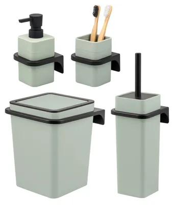 Produktbild von bremermann Bad-Set SAVONA 4tlg. mit Seifenspender, Becher, Kosmetikeimer 6 Liter und WC-Garnitur aus Kunststoff in Salbeigrün