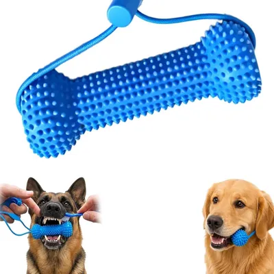 Productafbeelding van Tandverzorgingsspeelgoed voor honden - kauwen en borstelen in één - rubber - blauw - verstelbare riem