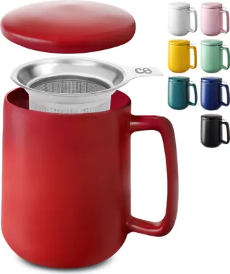 Produktbild von Teetasse mit Sieb und Deckel - Keramik Rot - Hält Lange warm - 500ml XXL Groß - Spülmaschinenfest