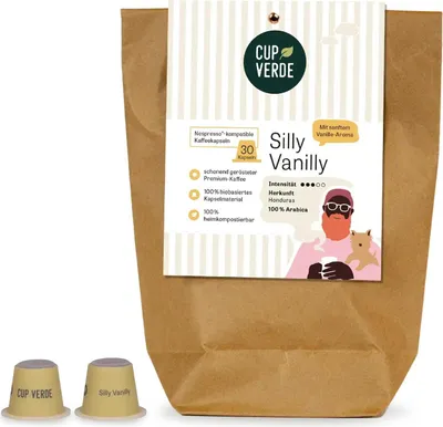 Produktbild von CUP VERDE – 30 nachhaltige VANILLE Kaffeekapseln - kompatibel mit Nespresso* - SILLY VANILLY mit sanftem Vanille Aroma – vegan