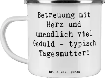 Produktbild von Mr. & Mrs. Panda Pott Spruch Tagesmutter Liebe - Weiß - Geschenk, Kindertagespflege, Blechtasse, Berufsgestaltung, unermüdlich, Emaille Tasse, Tagesmütter, Teetasse, Herz