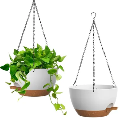 Productafbeelding van Zelfwaterende hangplantenbak, set van 2, 25 cm, wit/bruin, voor binnen- en buitengebruik