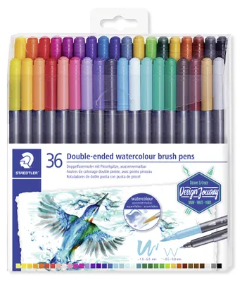Produktbild von STAEDTLER 3001 Doppelfasermaler mit Pinselspitze, wasservermalbar Etui mit 36 Farben